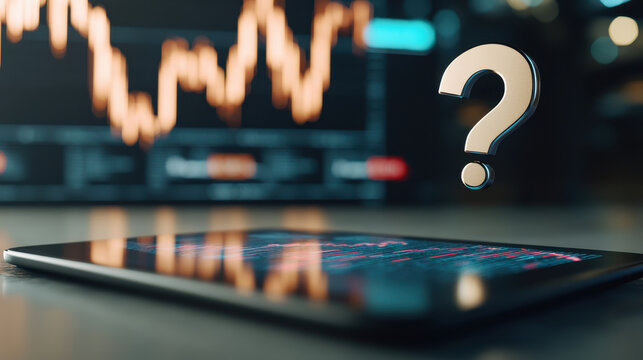 image features digital tablet displaying financial data with floating question mark, symbolizing uncertainty in investment or market trends