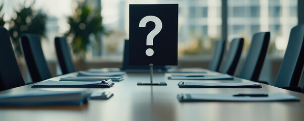 conference table with documents and question mark sign, symbolizing uncertainty and inquiry in professional setting. atmosphere is focused and contemplative