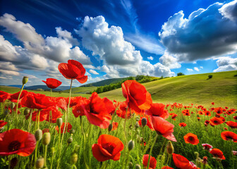 Fototapeta premium Vibrant red poppies dance across rolling hills under bright blue sky, creating stunning landscape filled with natural beauty and serenity