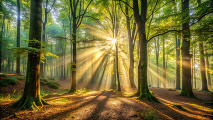 Breathtaking sunbeams softly filter through leafy branches of tall trees, casting intricate patterns on forest floor. This serene woodland scene evokes sense of peace and tranquility