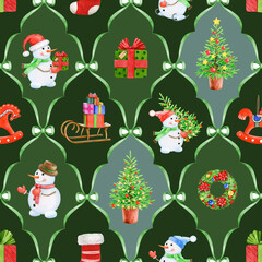 Winter festive seamless pattern decoration. Hand drawn fir tree, funny snowman, Christmas wreath, gifts. Christmas vintage style painted bright decor tile ornament seamless pattern design element