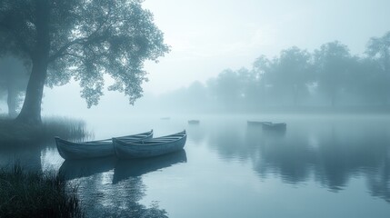 A serene foggy lake scene with boats and trees.