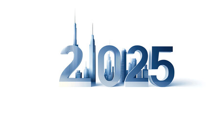 silhouette of modern city skyline and reflection with numbers "2025", new year poster and background template