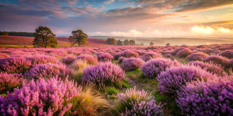Fototapeta premium serene landscape featuring vibrant purple heather fields under colorful sky at sunrise. scene evokes sense of tranquility and natural beauty, inviting viewers to immerse themselves in peaceful