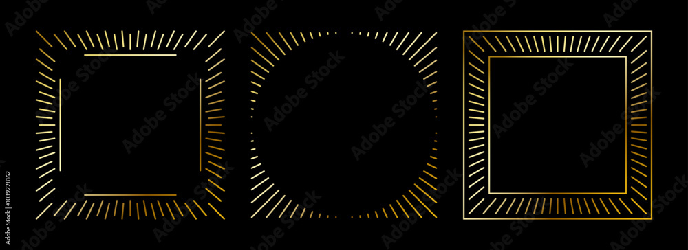 Aufkleber Golden thin frames set. Gold square borders in art deco style. Thin linear radiance rectangular element collection. Luxury glowing shiny boarder pack. Vector bundle for photo, cadre, poster, card, tag