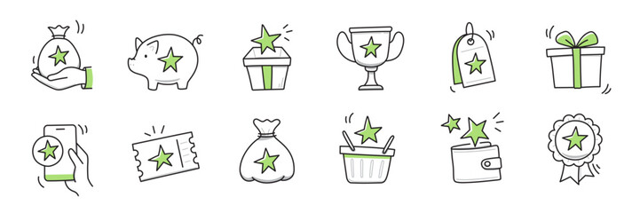 Reward bonus gift icon set. Benefit reward bonus loyalty prize hand drawn sketch line pen stroke style icon. Benefit gift coupon, loyalty card sketch doodle drawn collection. Vector illustration © Polina Tomtosova