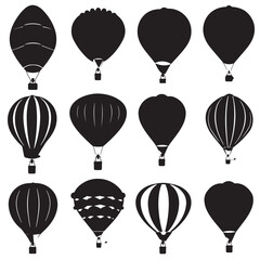 A set of vector silhouettes of hot air balloons , black silhouettes isolated on white background