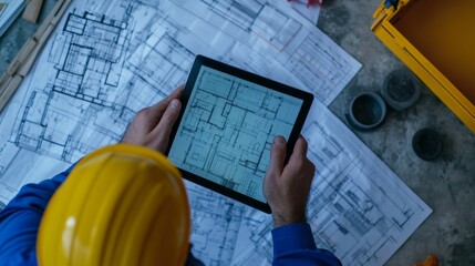 An architect reviewing building plans on a digital tablet at a construction site with panoramic city views, Tablet review with city backdrop scene, Urban integration style