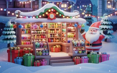 Obraz premium A festive scene featuring a colorful gift shop with Santa Claus, surrounded by snow and holiday decorations, creating a magical Christmas atmosphere.