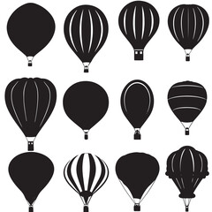 A set of vector silhouettes of hot air balloons , black silhouettes isolated on white background