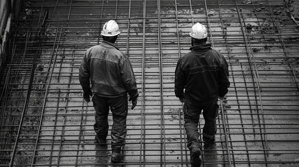 Construction workers inspecting rebar framework at a building site during early morning hours