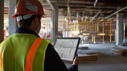 An architect reviewing digital models of structural reinforcements at a seismic retrofit project site, Structural reinforcement review scene, Seismic retrofit construction style