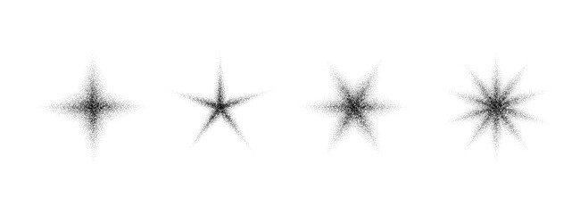 Stippled grain star set. Black noise texture asterisk collection. Halftone glitter sparkles, sparks, twinkles pack for design template, poster, banner, brochure, leaflet. Grey dotted flares. Vector © vika_k