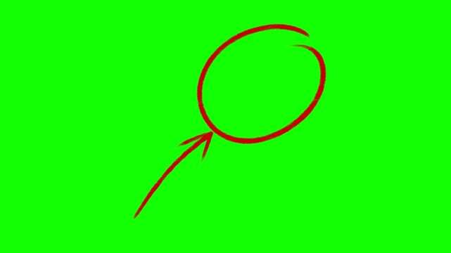 The red arrow points to the red circle, animation, stop motion isolated on green.