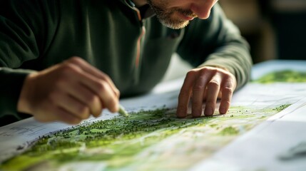 An architect reviewing environmental impact assessments and green certifications for a sustainable development project, looking at the camera, Environmental impact assessment scene