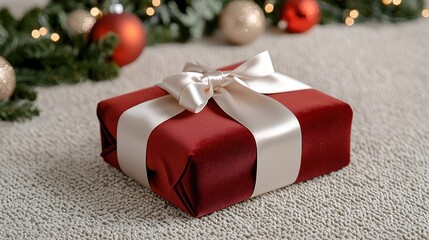 A close-up shot of an extravagant gift box wrapped in rich red velvet and adorned with a satin bow, lying on a textured surface along with sparkling ornaments and seasonal greenery in the background.