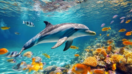 Obraz premium Graceful Dolphin Swimming Among Colorful Coral Reef