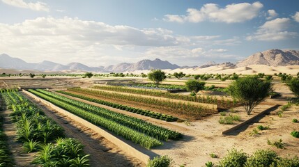 Naklejka premium A large-scale desert farming operation using innovative soil and water management techniques, including terracing and water harvesting, to cultivate crops in arid regions