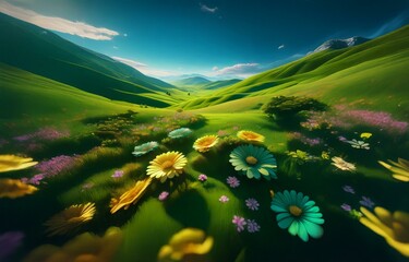 Fototapeta premium A vibrant meadow with green rolling hills, blue sky, and a variety of colorful flowers.