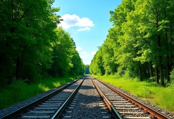 Fototapeta premium Sunlit Railway Scene: Tranquil Tracks Flanked by Lush Greenery and a Clear Blue Sky