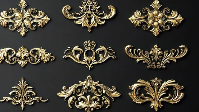 Nine ornate gold decorative elements are arranged on a black background