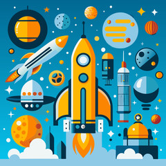 Three cartoon rockets launching into space with a fiery burst against a glowing background, leaving a trail of clouds behind them.