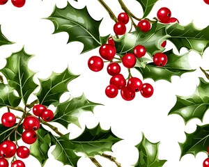 Nature-inspired Christmas ornaments seamless pattern, holly leaves and berries on white background