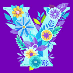 capital letter Y decorated with blue yellow and orange flowers on a white background