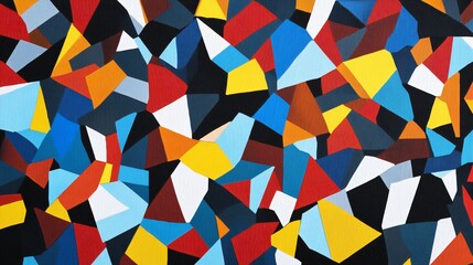 Abstract geometric pattern with blue, yellow, red, and white shapes on a black background.