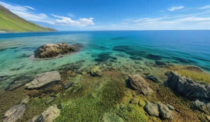 Fototapeta premium arafed view of a rocky beach with a body of water