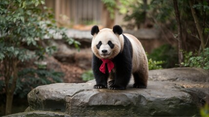 Obraz premium Adorable giant panda sitting on rock in natural habitat