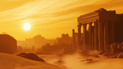 Naklejka premium Desert Sunset Ruins:Ancient temple at sunset in the desert. Golden hour light bathes the scene in warmth and mystery.