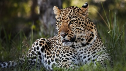 Fototapeta premium Leopard lounging gracefully in natural grassland habitat