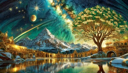 snowy mountains and lake