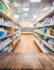 Pharmacy wood table counter with medicines healthcare product arranged on shelves in drugstore blurred defocused background, Pharmacy store background 