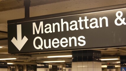 New York subway station interior, Manhattan text sign. Underground metropolitan. United States...