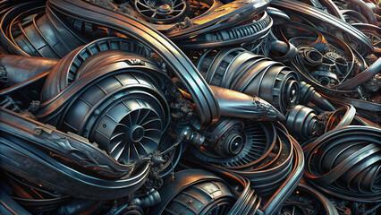 Heap of tangled metal turbine parts and machinery components