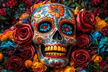 Obraz premium Colorful Neon Sugar Skull Surrounded by Flowers