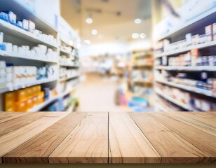 Pharmacy wood table counter with medicines healthcare product arranged on shelves in drugstore blurred defocused background, Pharmacy store background 
