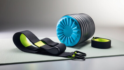 Foam Roller – A foam roller beside a stretching strap, representing muscle recovery and flexibility exercises illustration for health and wellness