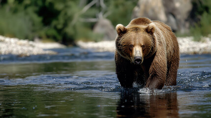 Obraz premium Majestic Brown Bear in River: A powerful brown bear strides through a shallow river, its gaze intense and captivating.
