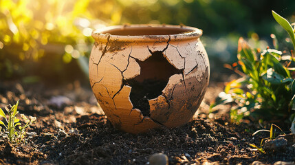 Cracked Clay Pot in the Garden: A weathered clay pot, cracked and broken, sits amidst the lush greenery of a garden. The sunlight streams through the cracks, casting long shadows.