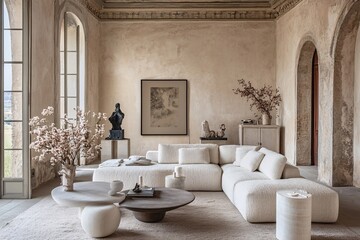 Modern Minimalist Living Room Interior Design with White Sofa and Large Windows