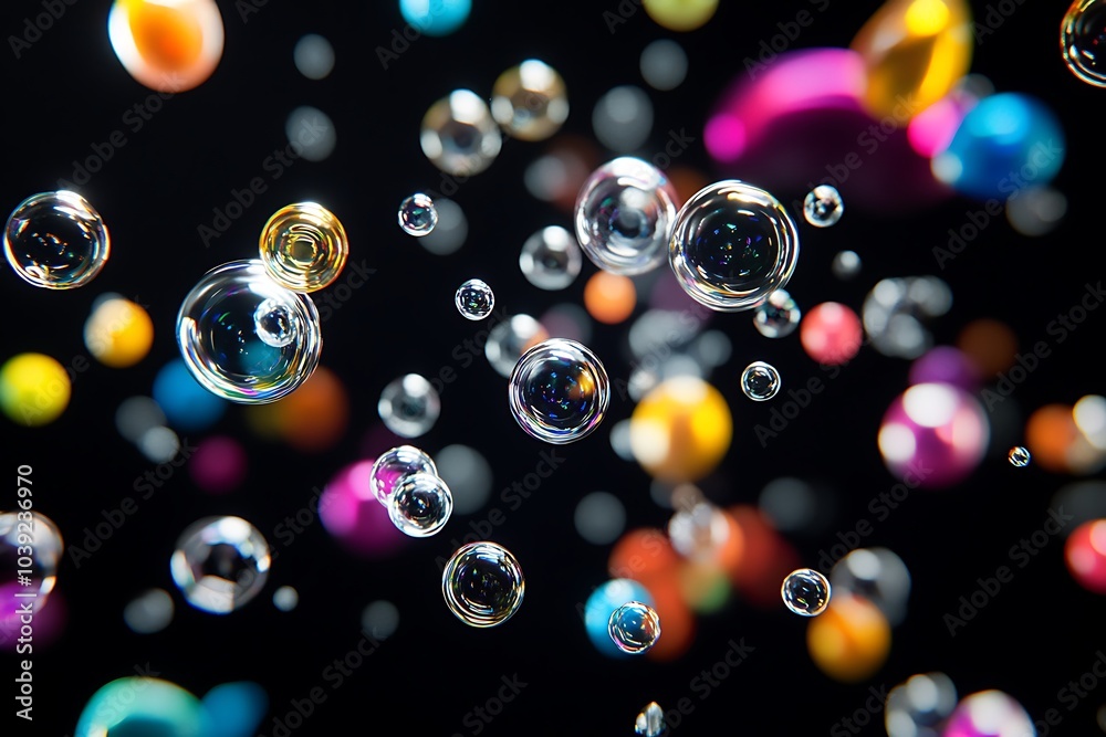 Aufkleber abstract background of iridescent bubbles floating on a black background.