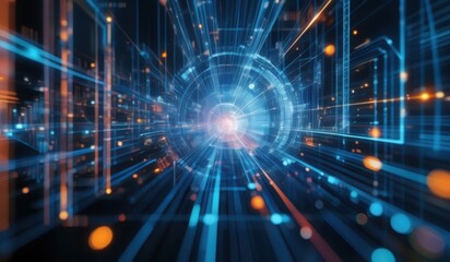 a close up of a futuristic tunnel with many lights explosion of data fragments