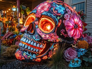 Fototapeta premium Vivid Glowing Sugar Skull Display at Night
