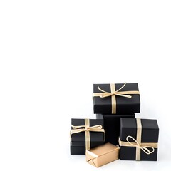 A collection of black and gold gift boxes stacked neatly, isolated on a pure white background. The shiny ribbons and luxurious textures make it perfect for premium Black Friday advertising. Product