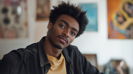 Obraz premium A handsome young African American artist in an art gallery. He's wearing a black jacket and a yellow t-shirt.