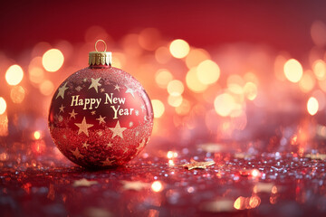 Fototapeta premium A Christmas-themed red ornament ball with the inscription 