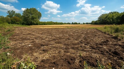 Obraz premium A no-till agricultural field covered in mulch and organic matter, reducing soil disturbance while retaining moisture, surrounded by wildlife benefiting from the healthy ecosystem